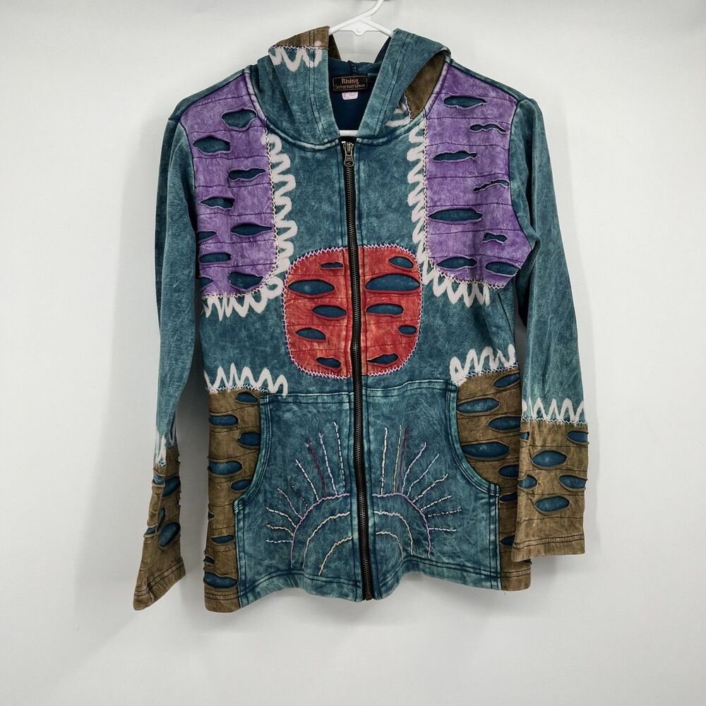 Rising International Hoodie M Boho Zip Up Jacket Patchwork Nepal Sun Abstract